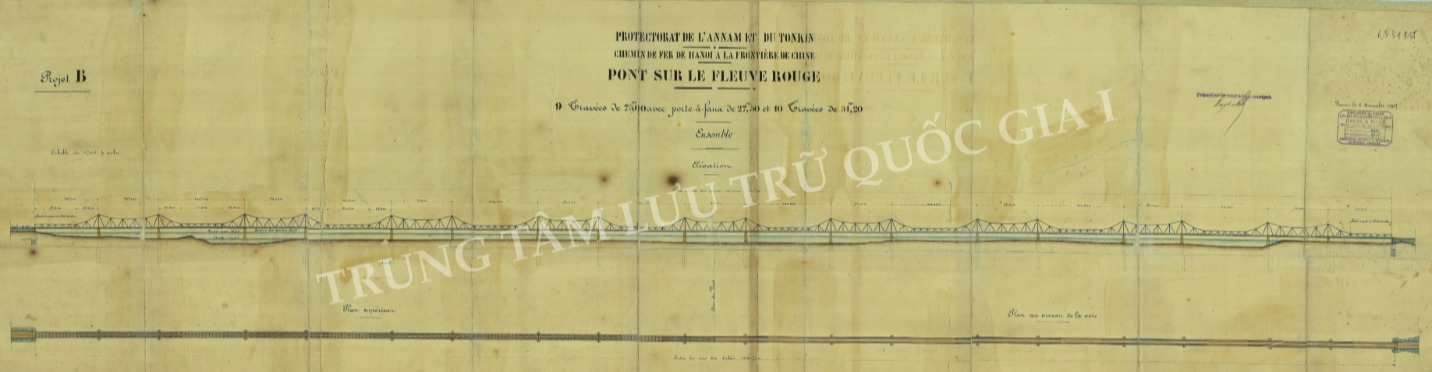 Sơ đồ tổng thể vị trí cầu bắc qua Sông Hồng được vẽ ngày 25 tháng 5 năm 1897. Nguồn ANOM.